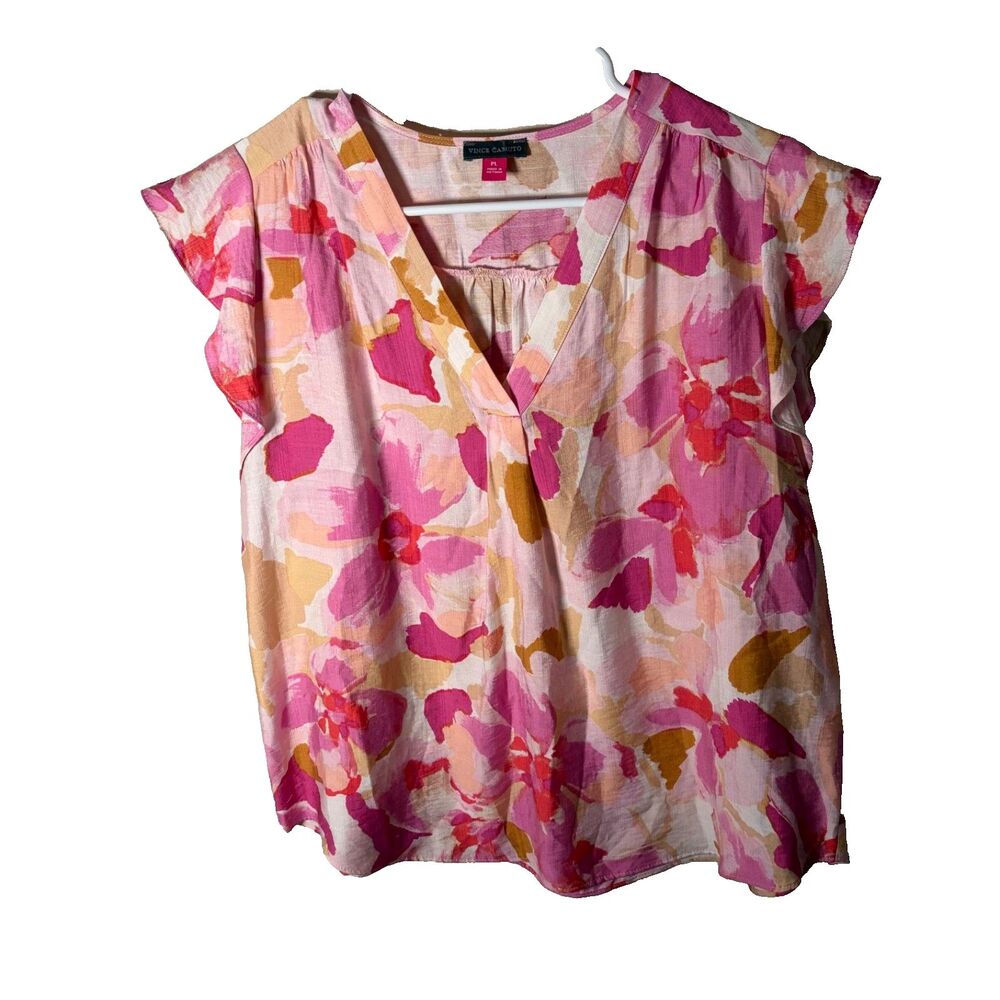 Vince Camuto Blouse Women's Petite Large V-Neck Floral Cap Sleeve Casual Top